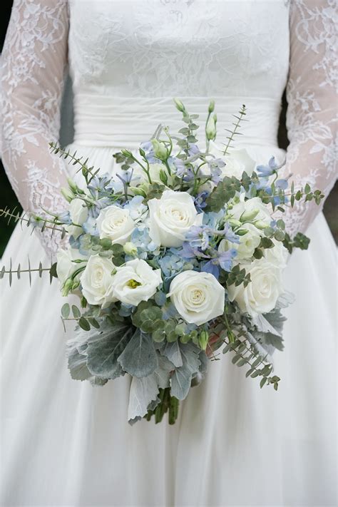 Round Bridal Bouquet Of Light Blue Delphinium White Roses Hydrangeas