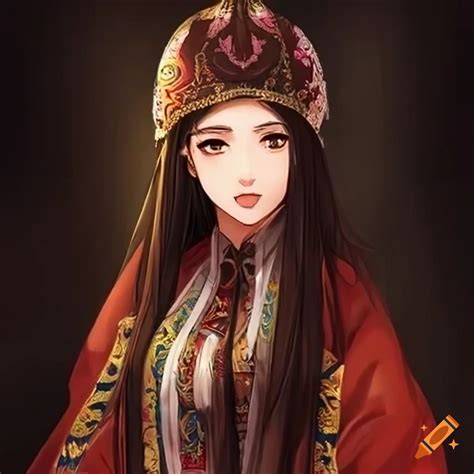 Anime Woman In Traditional Kazakh Clothes With Black Hair And Brown Eyes
