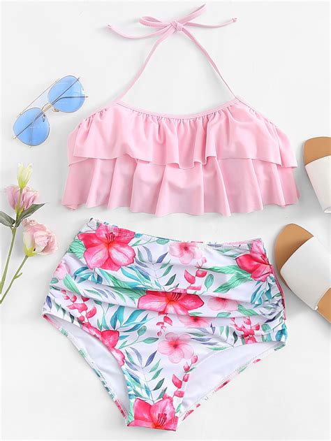 Flower Print Flounce Bikini Setfor Women Romwe Swimsuits Outfits