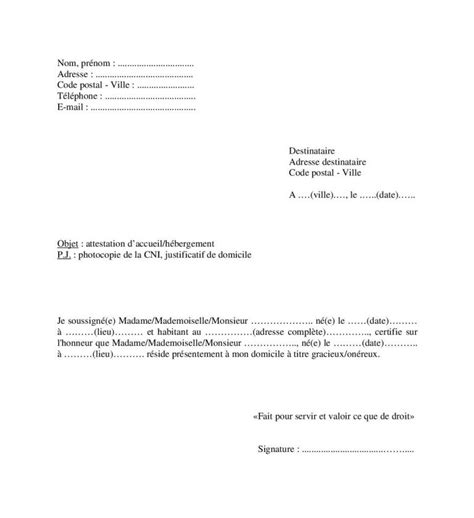 Exemple De Lettre Dattestation Dhébergement Ou Daccueil