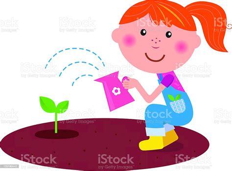 Small Gardener Girl Watering Plant In The Garden Stock Illustration Download Image Now