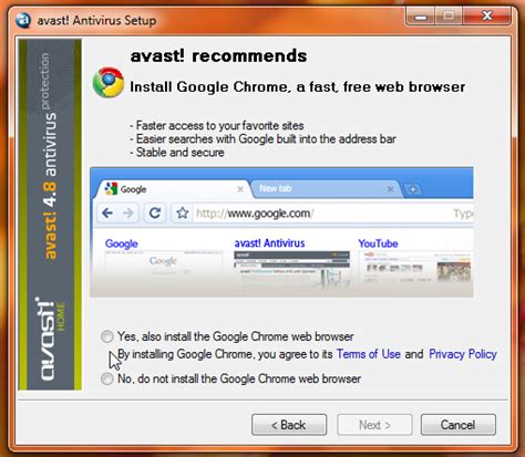 L'antivirus Avast propose Chrome pendant son installation