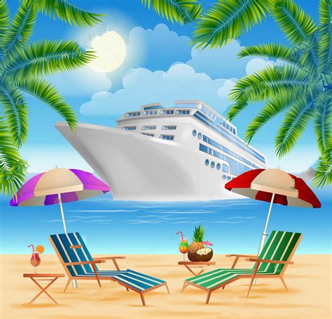 Cruise Ship Exotic Island Palm Trees Sea Beach Full Moon Background