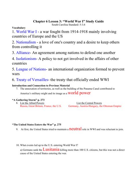 Chapter 6 Lesson 3 “world War I” Study Guide