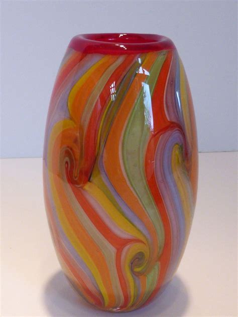 Hand Blown Venetian Art Glass Vase Cased Multi Color Swirls From Historique On Ruby Lane