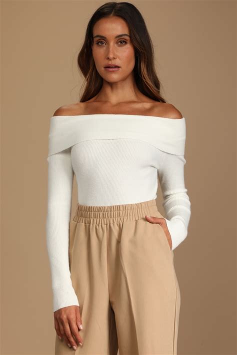 White Sweater Off The Shoulder Sweater Cropped Sweater Lulus