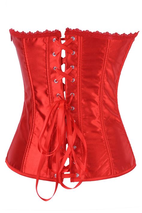 red satin boned overbust corset with red lace trim red sheer bust panel and satin ribbon lace