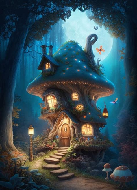 A Painting Of A Fairy House In The Woods