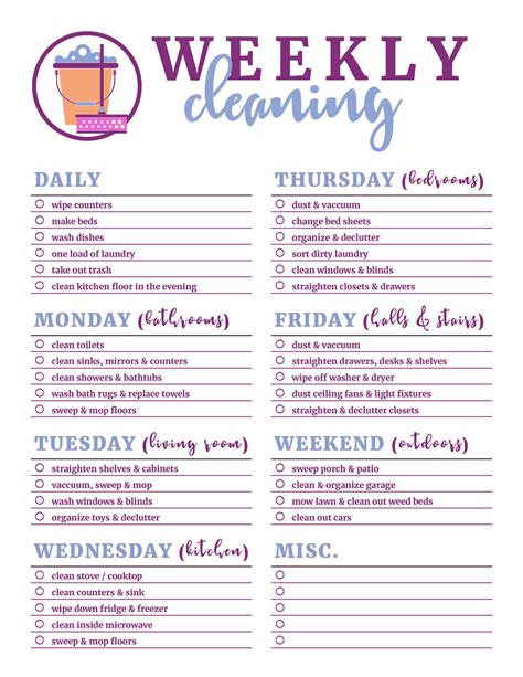 Weekly Cleaning Schedule List Etsy