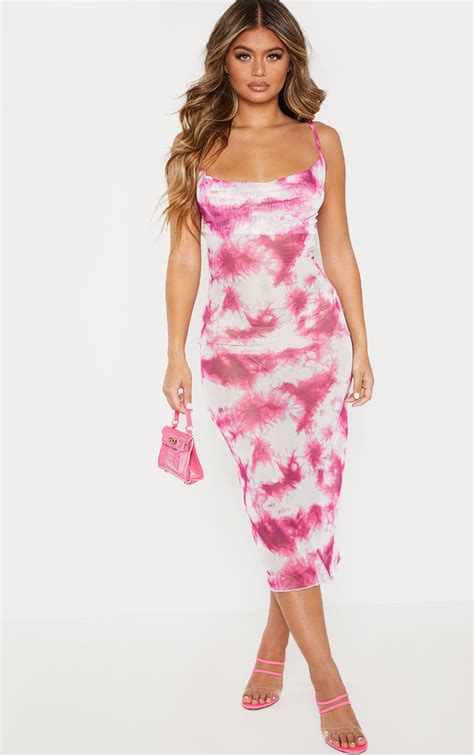 Pink Tie Dye Mesh Cowl Neck Midi Dress Prettylittlething Aus