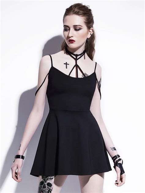 Gothic Women Mini Dress Black Summer Spaghetti Strap Halter Plain