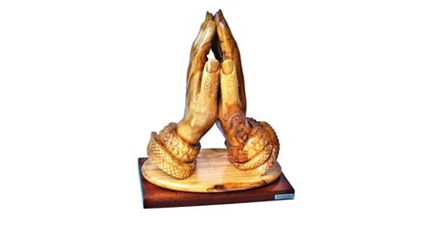 Hand Carved Holy Land Olive Wood Praying Hands Statue With Mahogany Base