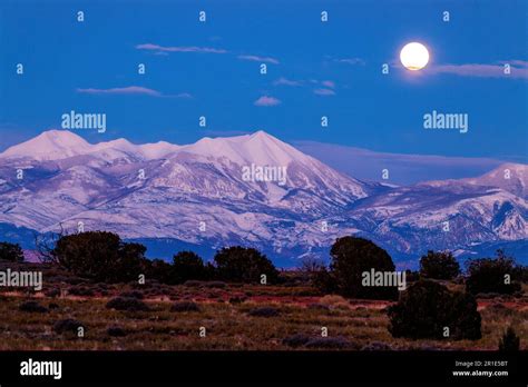 Panorama Full Moon Rise Illuminates La Sal Mountains Canyonlands