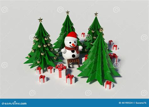 Snowman And Christmas Tree Stock Illustration Illustration Of