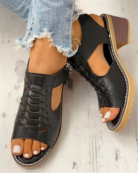 Womens Pu Chunky Heel Peep Toe With Zipper Sandals
