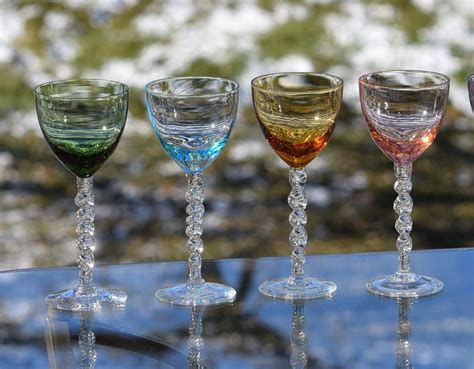 Vintage Multi Colored Clear Twisted Stem Wine Glasses Set Of 6 4 Oz