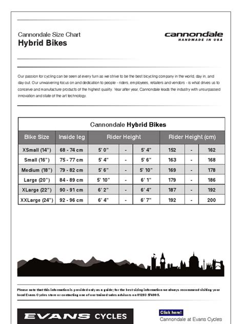 Cannon Dale Hybrid Bike Sizing Chart