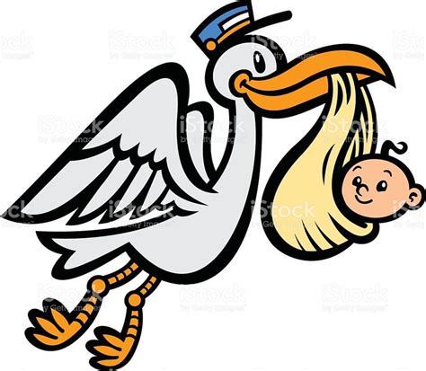 Cartoon Flying Stork Bird Delivering A Baby Stork Bird Delivering A