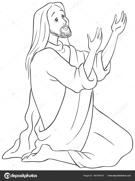 Jesús Arrodillado En Oración Página Para Colorear — Vector De Stock