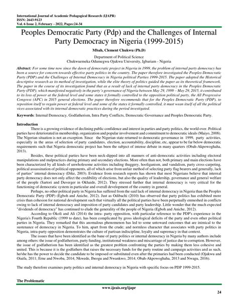Pdf Peoples Democratic Party Pdp And The Challenges Of Internal