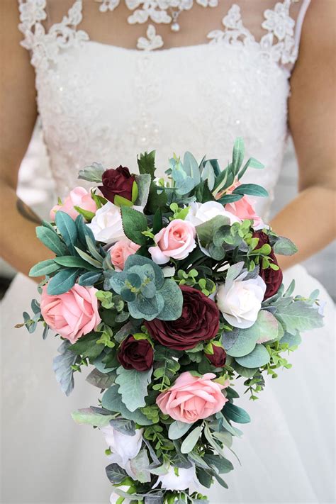Elegant Cascading Wedding Bouquet In Burgundy And Dusty Pink With