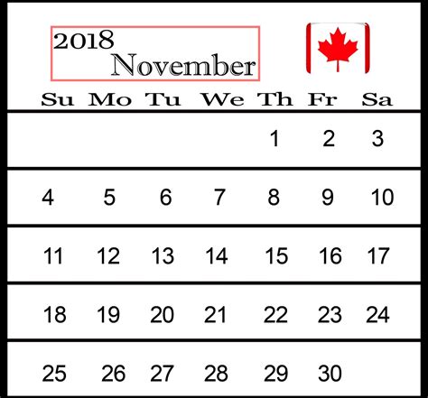 Print November 2018 Calendar Canada Holiday Calendar Calendar