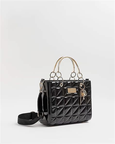 Black Patent Quilted Tote Bag River Island