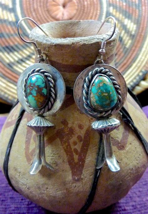 Vintage Navajo Sterling Silver Squash Blossom Dangle Earrings With