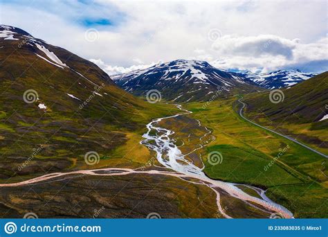 Aerial View Of A Road Going Through Icelandic Landscape Stock Image