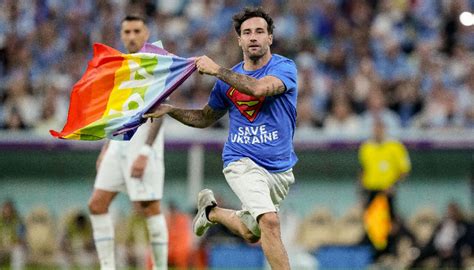 Football World Cup Rainbow Flag Waving Protester Invades Pitch During Portugal V Uruguay Match