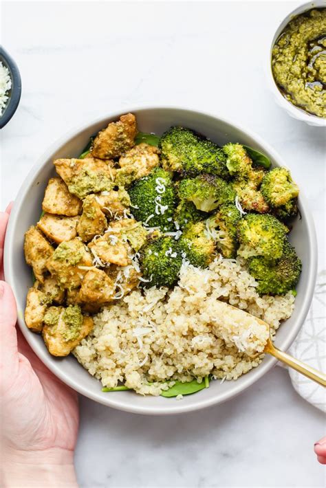 Fruity chicken — contains gluten santa fe — order without croutons, santa fe dressing & ciabatta toast sandwiches served with dressed greens or a bowl of hot soup. Chicken Pesto Quinoa Bowl