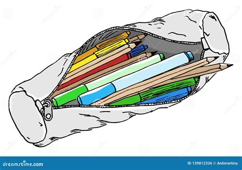 Hand Drawn Pencil Case With Colorful Pencils Stock Vector