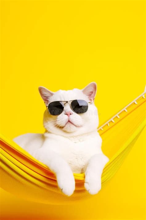 White Cat Wearing Sunglasses Sitting In Hammock On Yellow Background