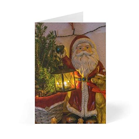Santa Holding Lantern With Reindeer Christmas Holiday Greeting Cards