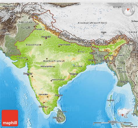 Physical 3d Map Of India Semi Desaturated Land Only