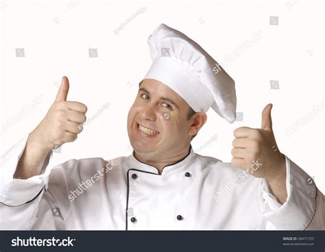 One Happy Chef With Thumbs Up Sign On White Background Stock Photo