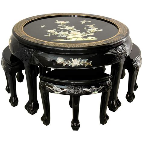Black Lacquer Mother Of Pearl Round Coffee Table W Four Etsy