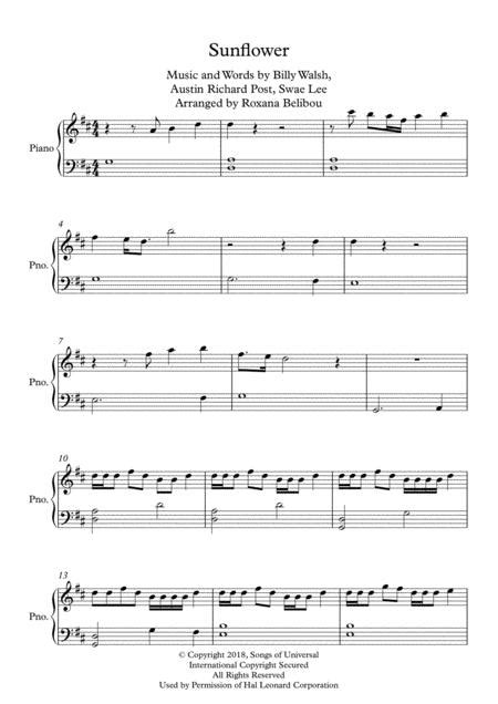 Sunflower By Post Malone Ft Swae Lee Easy Piano Sheet Music Pdf