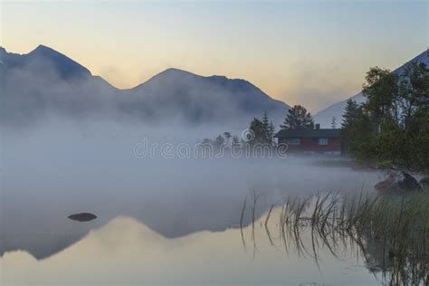View Of The Misty Mountain Lake Stock Photo Image Of Cottage