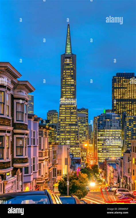 Night View Of Downtown Skyline From North Beach District San Francisco