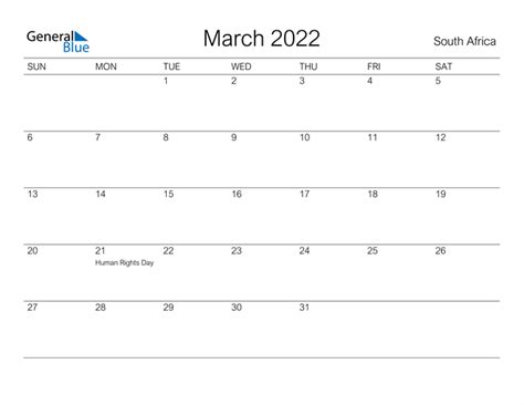 March 2022 Calendar With South Africa Holidays