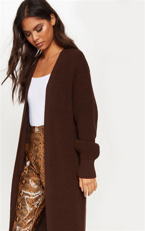 Chocolate Knitted Maxi Cardigan Knitwear Prettylittlething Ksa