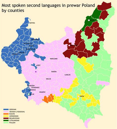 Most Spoken Second Languages In Prewar Poland By Counties Language Map Second Language East