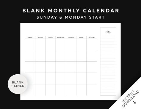 Blank Calendar Notes Printable Monthly Calendar Wall Etsy