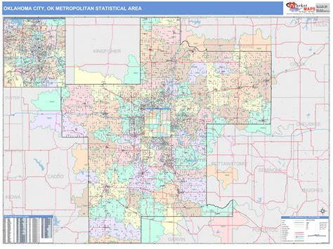 Oklahoma City Ok Metro Area Wall Map Color Cast Style By