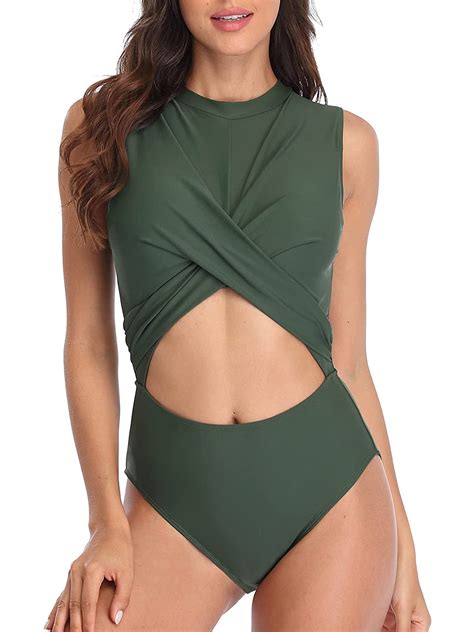 Womens One Piece Swimsuit High Neck Criss Cross Front Monokinis Sexy Cut Out Backless Swimwear