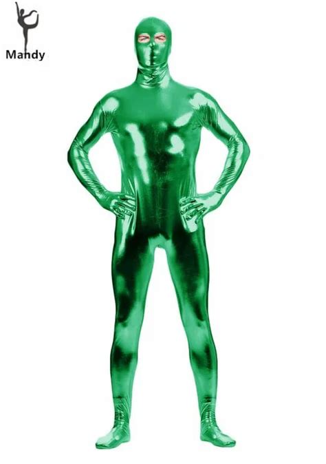 Men Full Body Metallic Green Lycra Bodysuit With Open Eye Shiny One Piece Spandex Unitard Skin