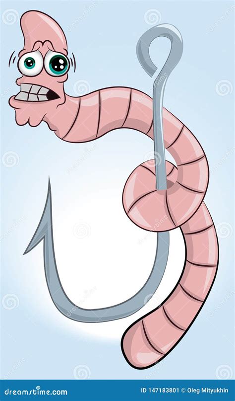 Scared Cartoon Worm Hanging From A Fishing Hook Funny Character Worm
