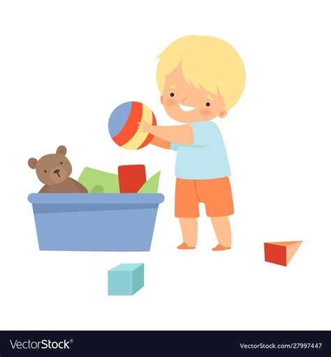 Little Boy Gathering His Toys And Tidy Up His Room Vector Image On