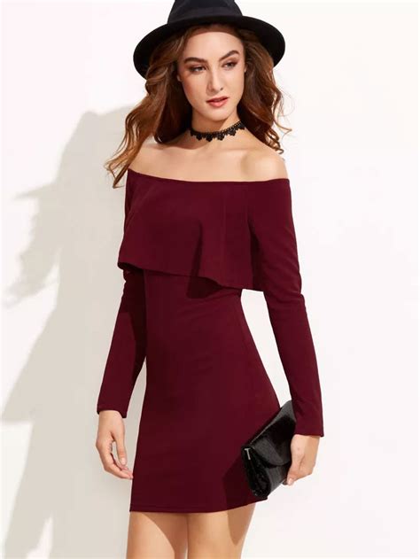 Burgundy Off The Shoulder Ruffle Bodycon Dress Selly Demo